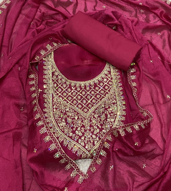 Pure Skylon Suit Set with Zari & sequence Work - Yanchi