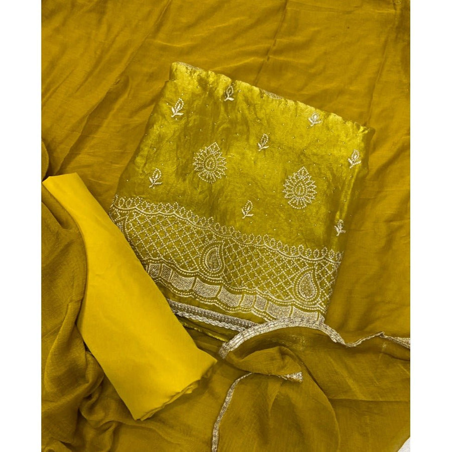 Pure Skylon Suit Set with Zari & sequence Work - Yanchi