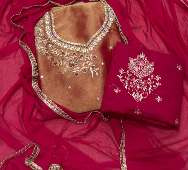 Pure Skylon Suit Set with Zari & sequence Work - Yanchi