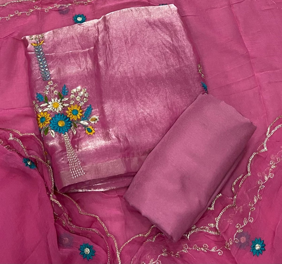 Pure Skylon Suit Set with Zari & sequence Work - Yanchi