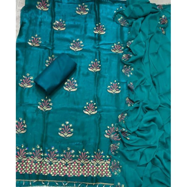 Pure Skylon Suit Set with Zari & sequence Work - Yanchi