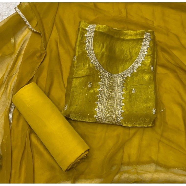 Pure Skylon Suit Set with Zari & sequence Work - Yanchi