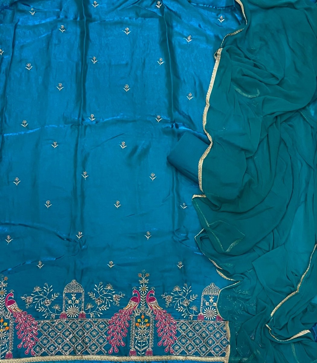 Pure Skylon Suit Set with Zari & sequence Work - Yanchi