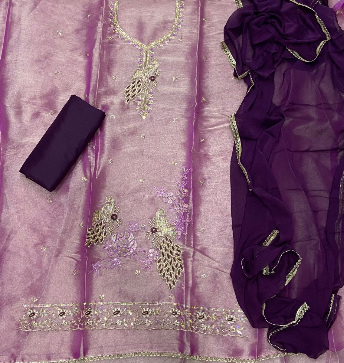 Pure Skylon Suit Set with Zari & sequence Work - Yanchi