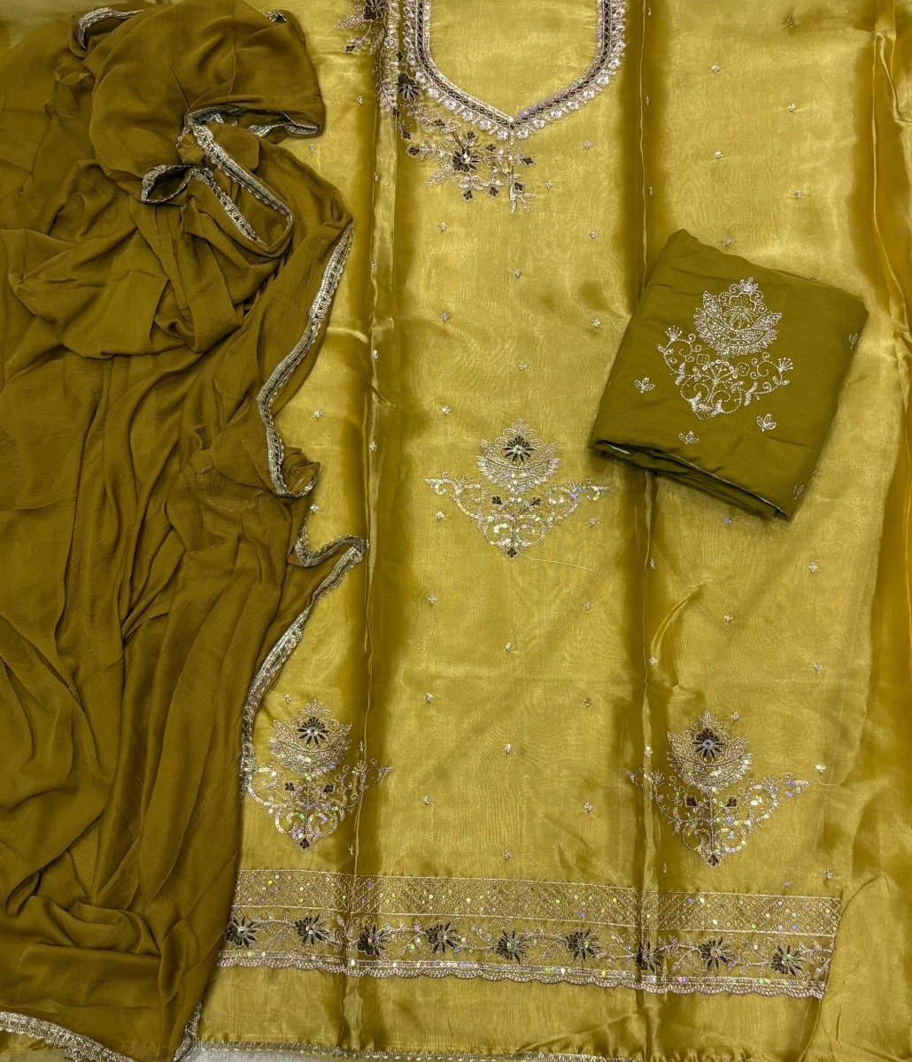 Pure Skylon Suit Set with Zari & sequence Work - Yanchi