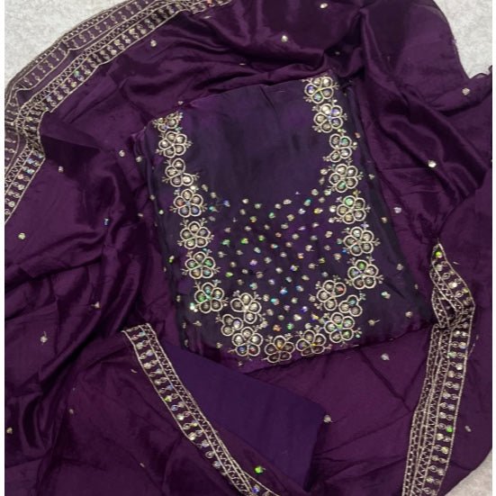 Pure Skylon Suit Set with Zari & sequence Work - Yanchi