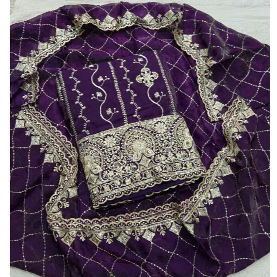 Pure Skylon Suit Set with Zari & sequence Work - Yanchi
