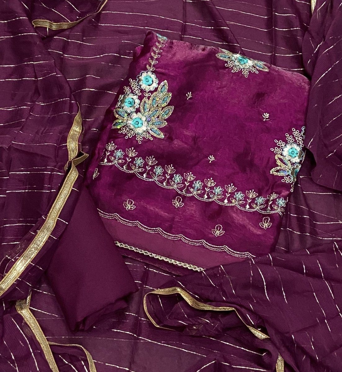 Pure Skylon Suit Set with Zari & sequence Work - Yanchi