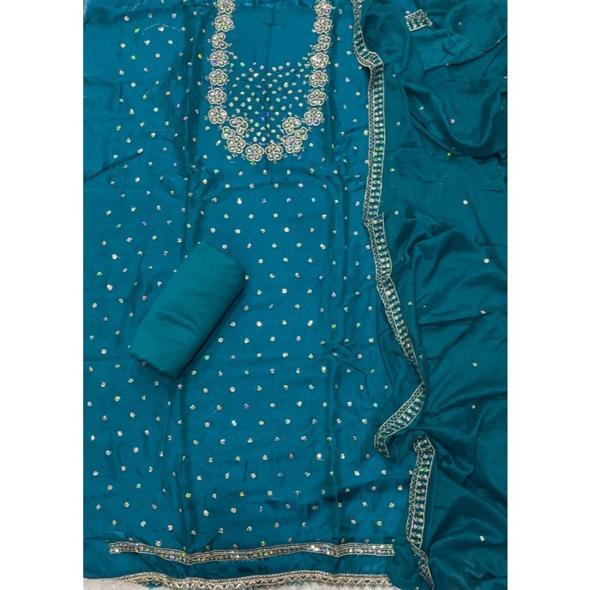 Pure Skylon Suit Set with Zari & sequence Work - Yanchi