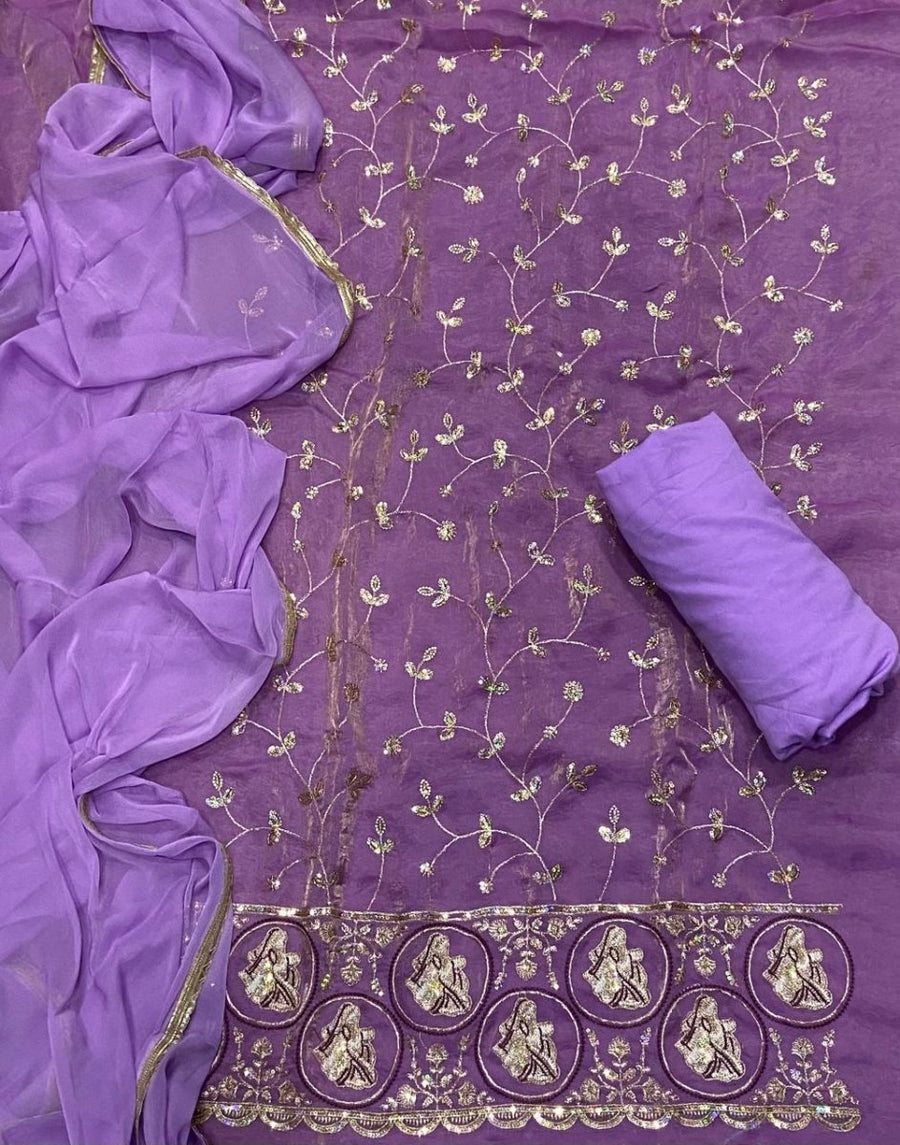 Pure Skylon Suit Set with Zari & sequence Work - Yanchi