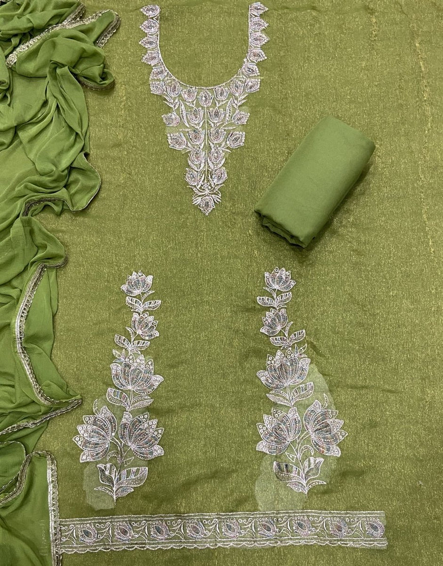 Pure Skylon Suit Set with Zari & sequence Work - Yanchi