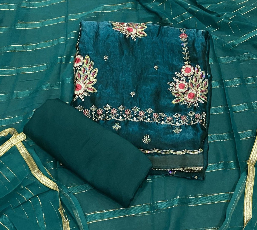 Pure Skylon Suit Set with Zari & sequence Work - Yanchi