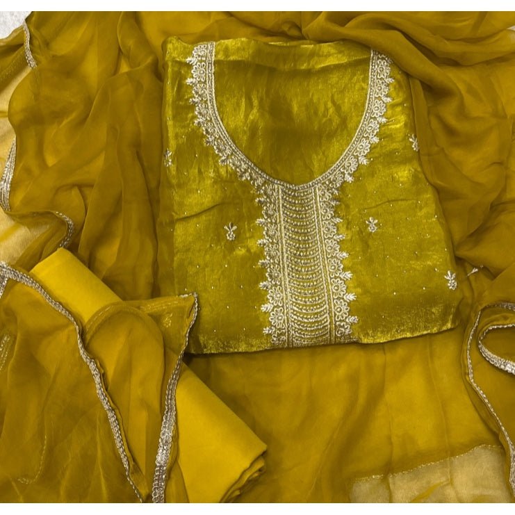 Pure Skylon Suit Set with Zari & sequence Work - Yanchi