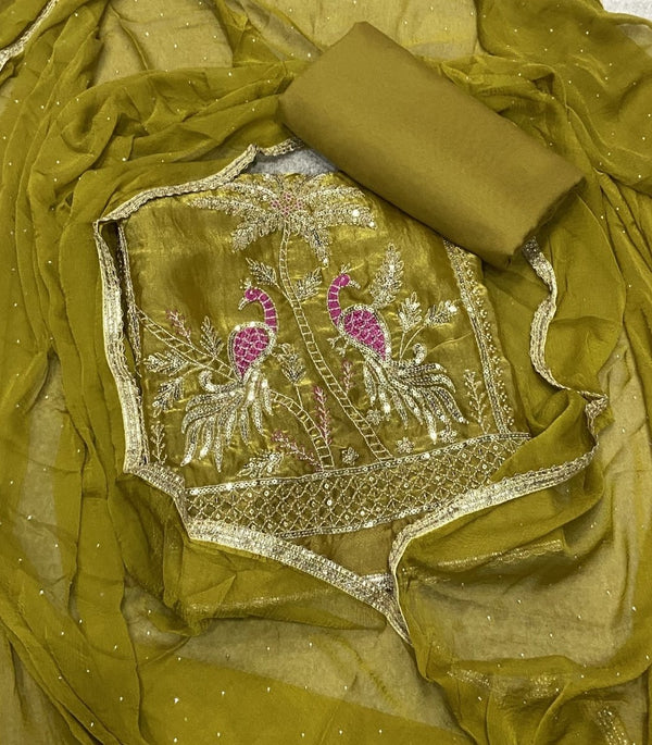 Pure Skylon Suit Set with Zari & sequence Work - Yanchi