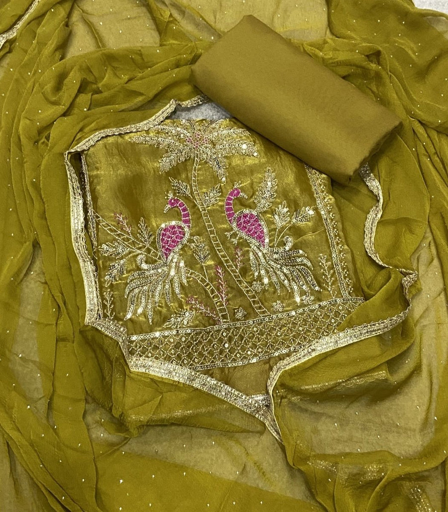 Pure Skylon Suit Set with Zari & sequence Work - Yanchi
