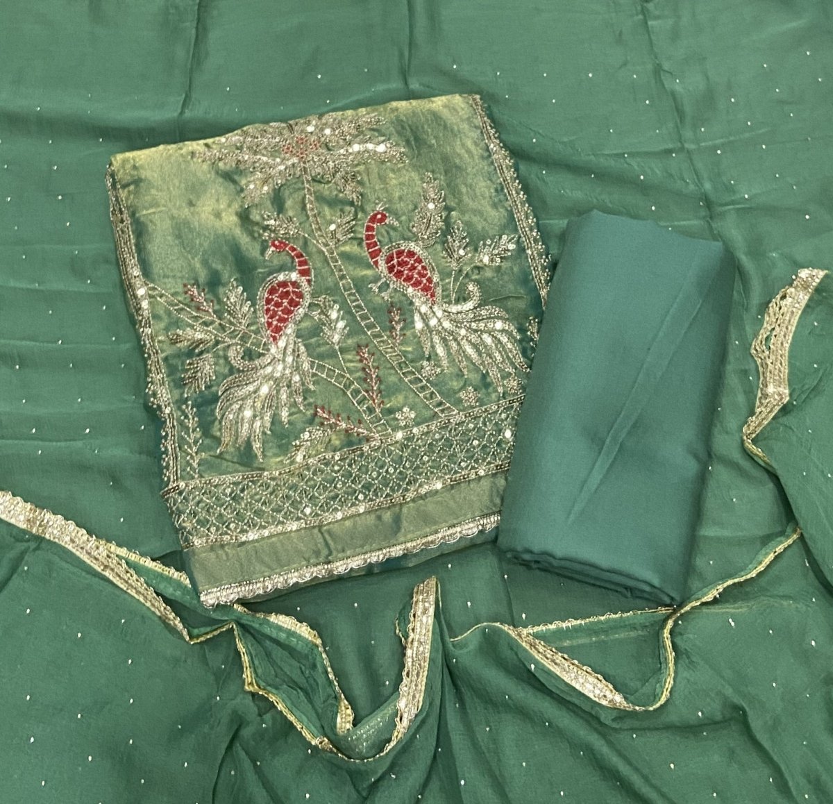Pure Skylon Suit Set with Zari & sequence Work - Yanchi