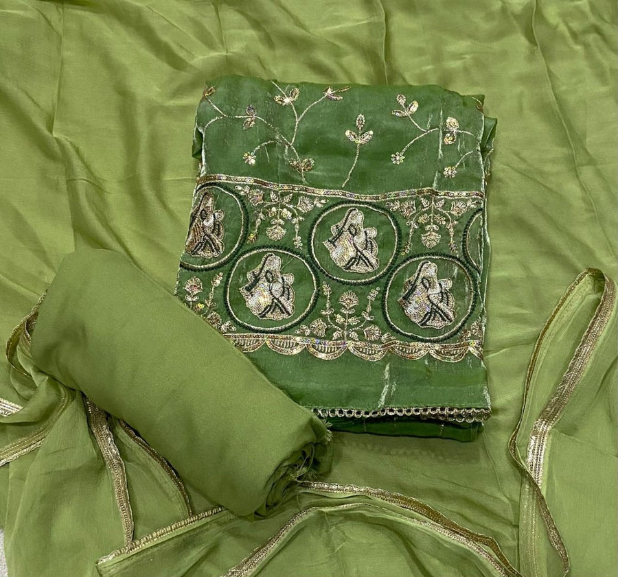 Pure Skylon Suit Set with Zari & sequence Work - Yanchi
