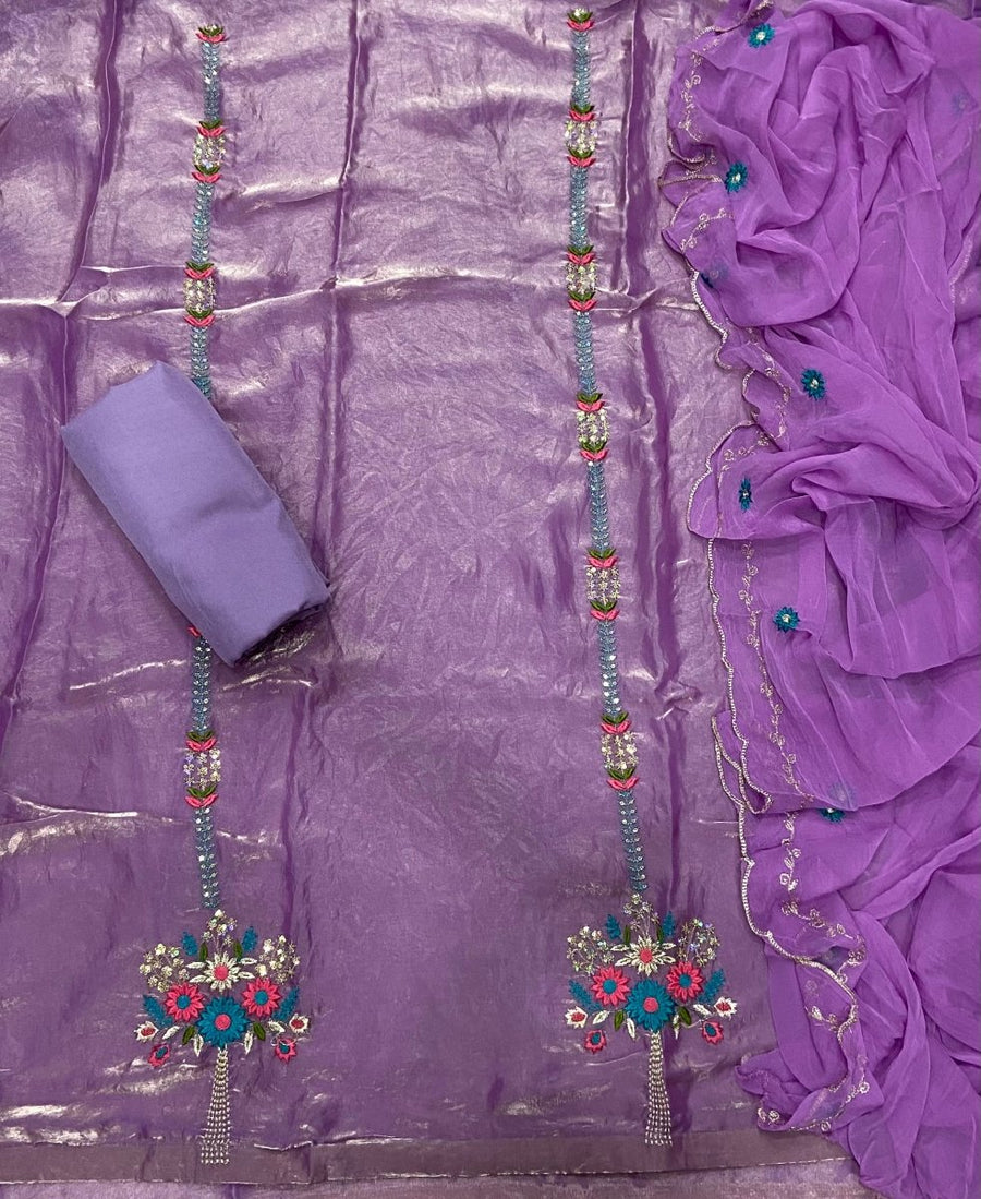 Pure Skylon Suit Set with Zari & sequence Work - Yanchi