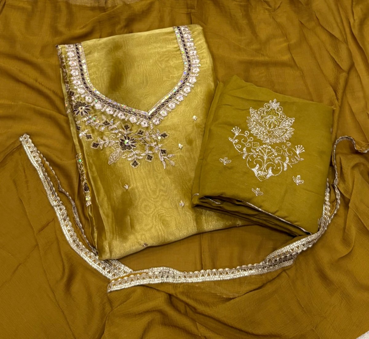 Pure Skylon Suit Set with Zari & sequence Work - Yanchi