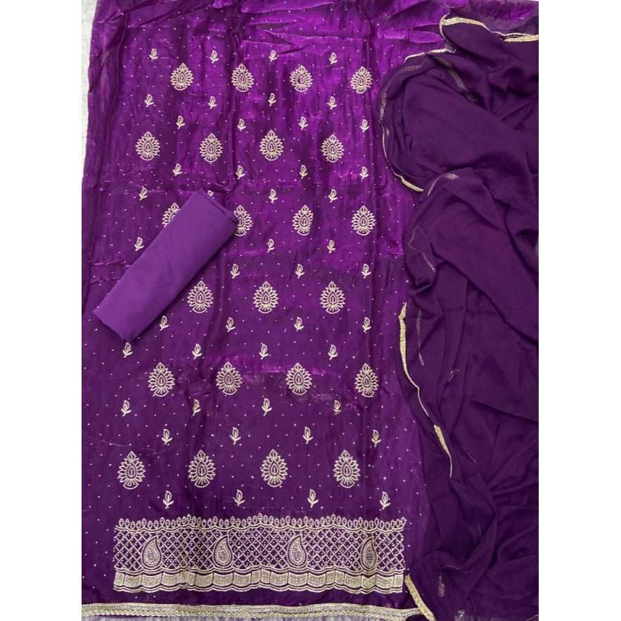 Pure Skylon Suit Set with Zari & sequence Work - Yanchi