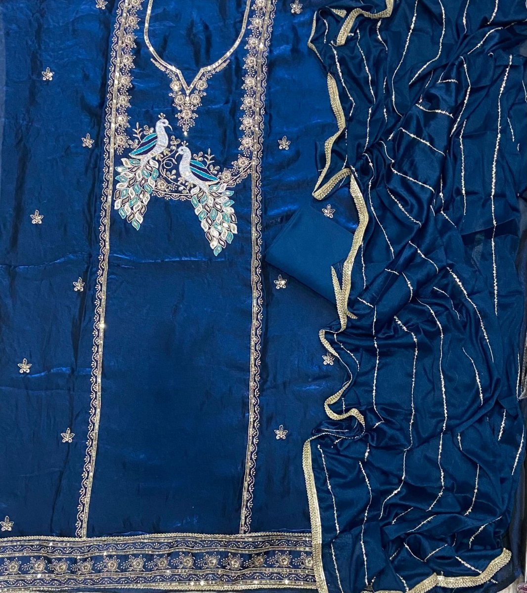 Pure Skylon Suit Set with Zari & sequence Work - Yanchi