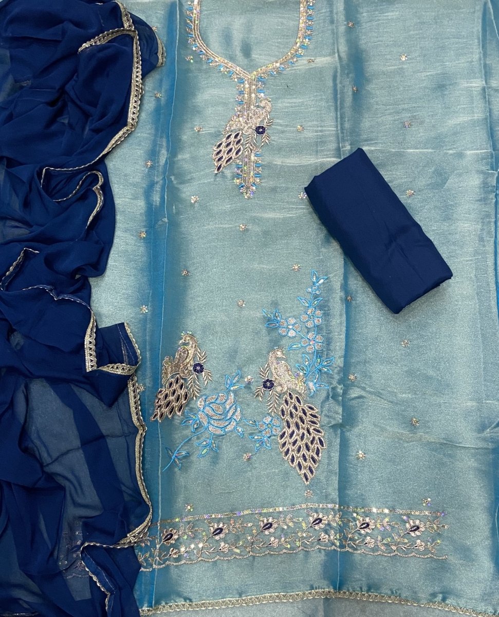 Pure Skylon Suit Set with Zari & sequence Work - Yanchi