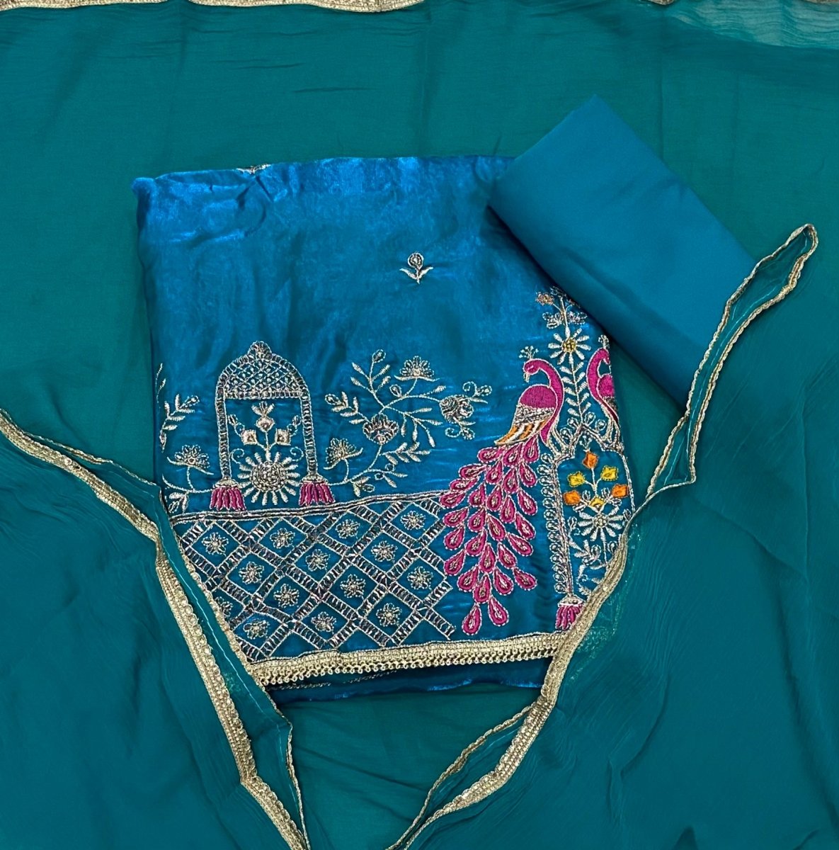 Pure Skylon Suit Set with Zari & sequence Work - Yanchi