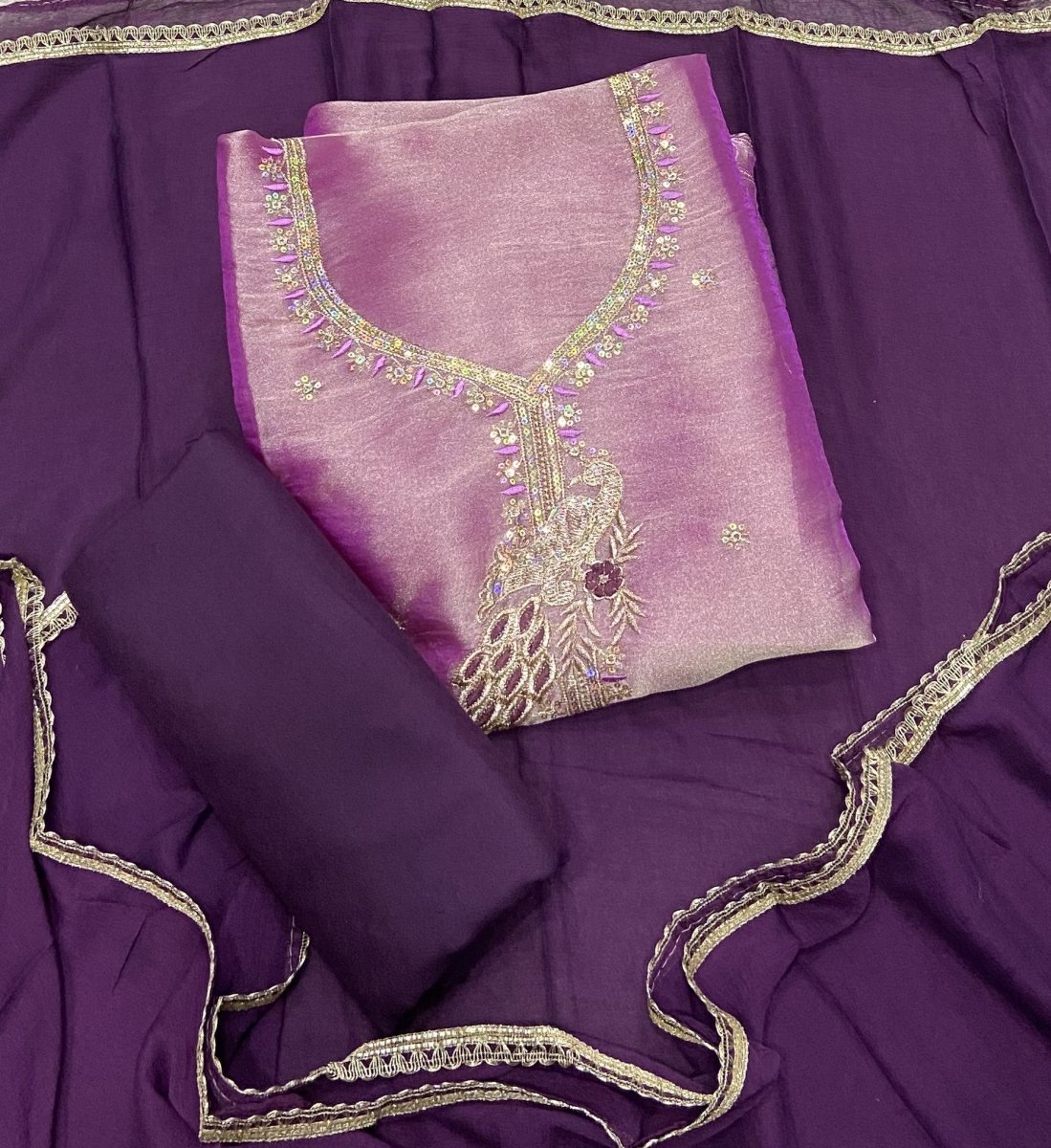 Pure Skylon Suit Set with Zari & sequence Work - Yanchi