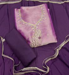 Pure Skylon Suit Set with Zari & sequence Work - Yanchi
