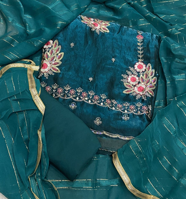 Pure Skylon Suit Set with Zari & sequence Work - Yanchi