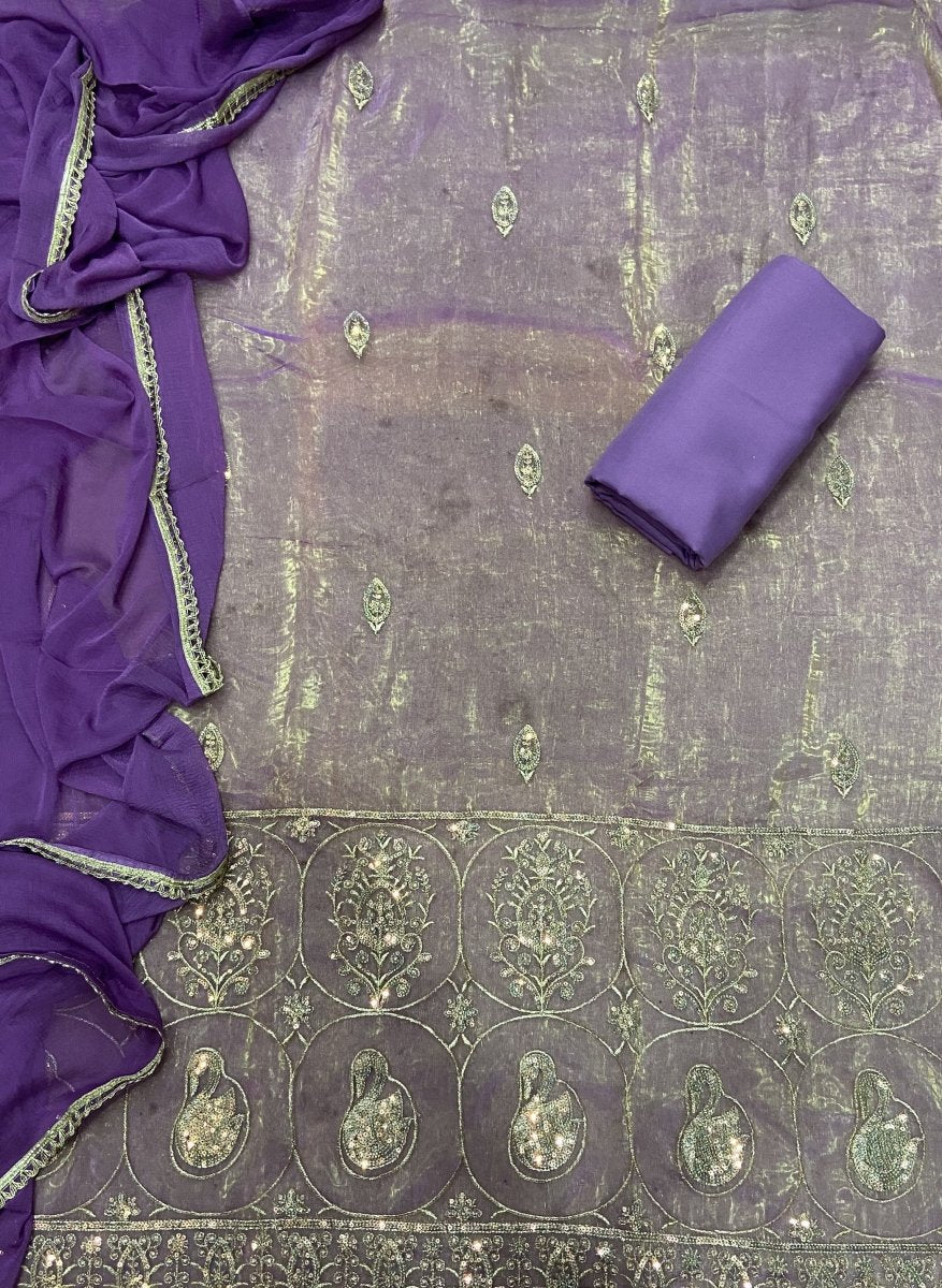 Pure Skylon Suit Set with Zari & sequence Work - Yanchi