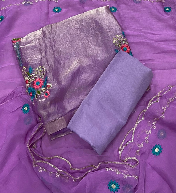 Pure Skylon Suit Set with Zari & sequence Work - Yanchi