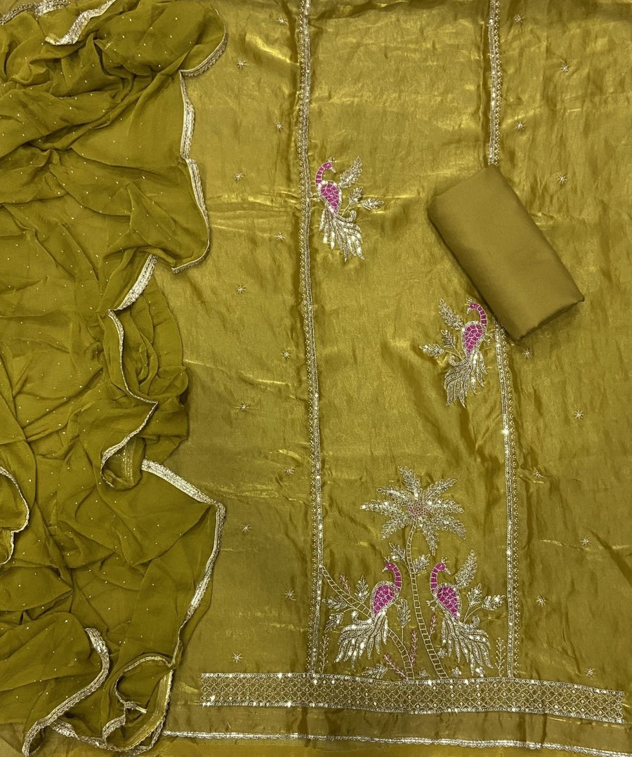 Pure Skylon Suit Set with Zari & sequence Work - Yanchi