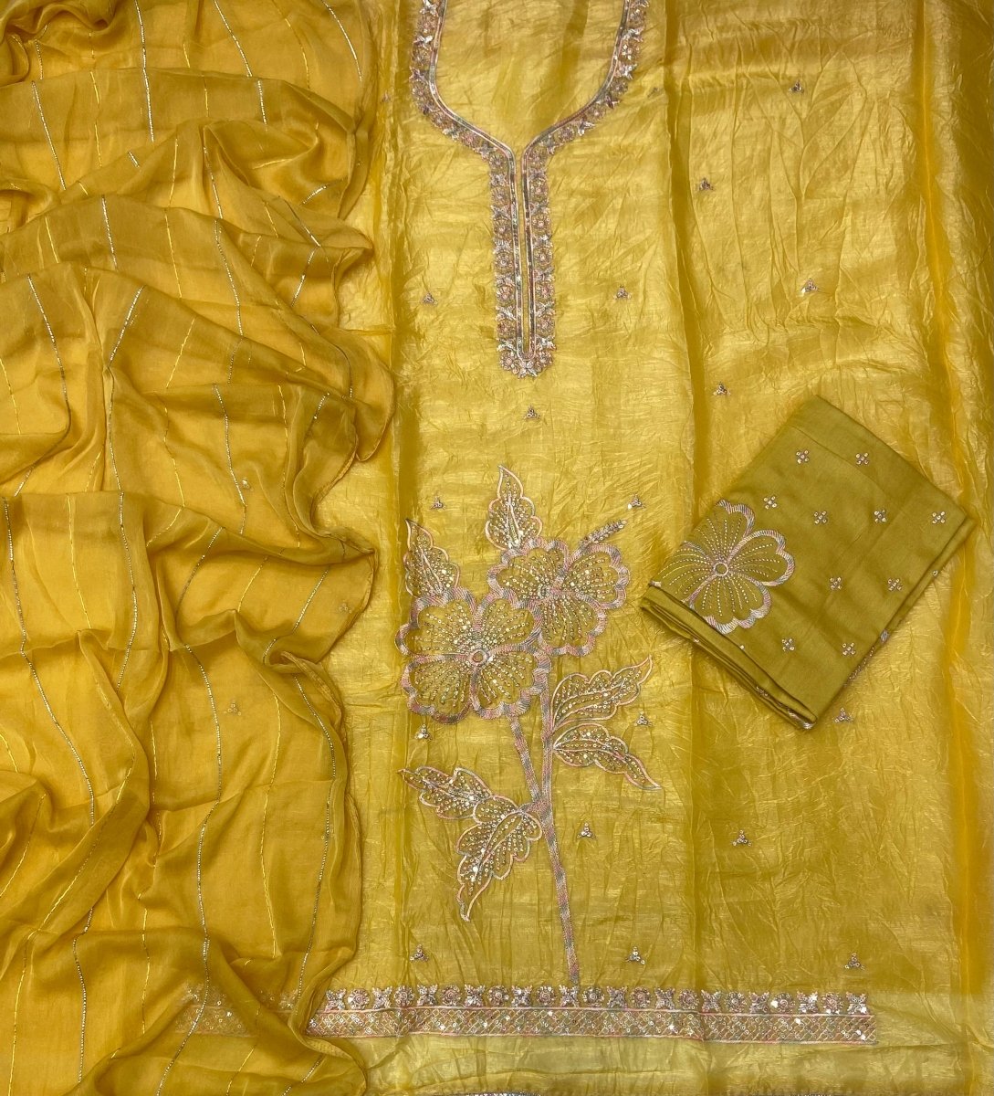 Radiant Gold Crush Suit Set with Bottom Work - Yanchi