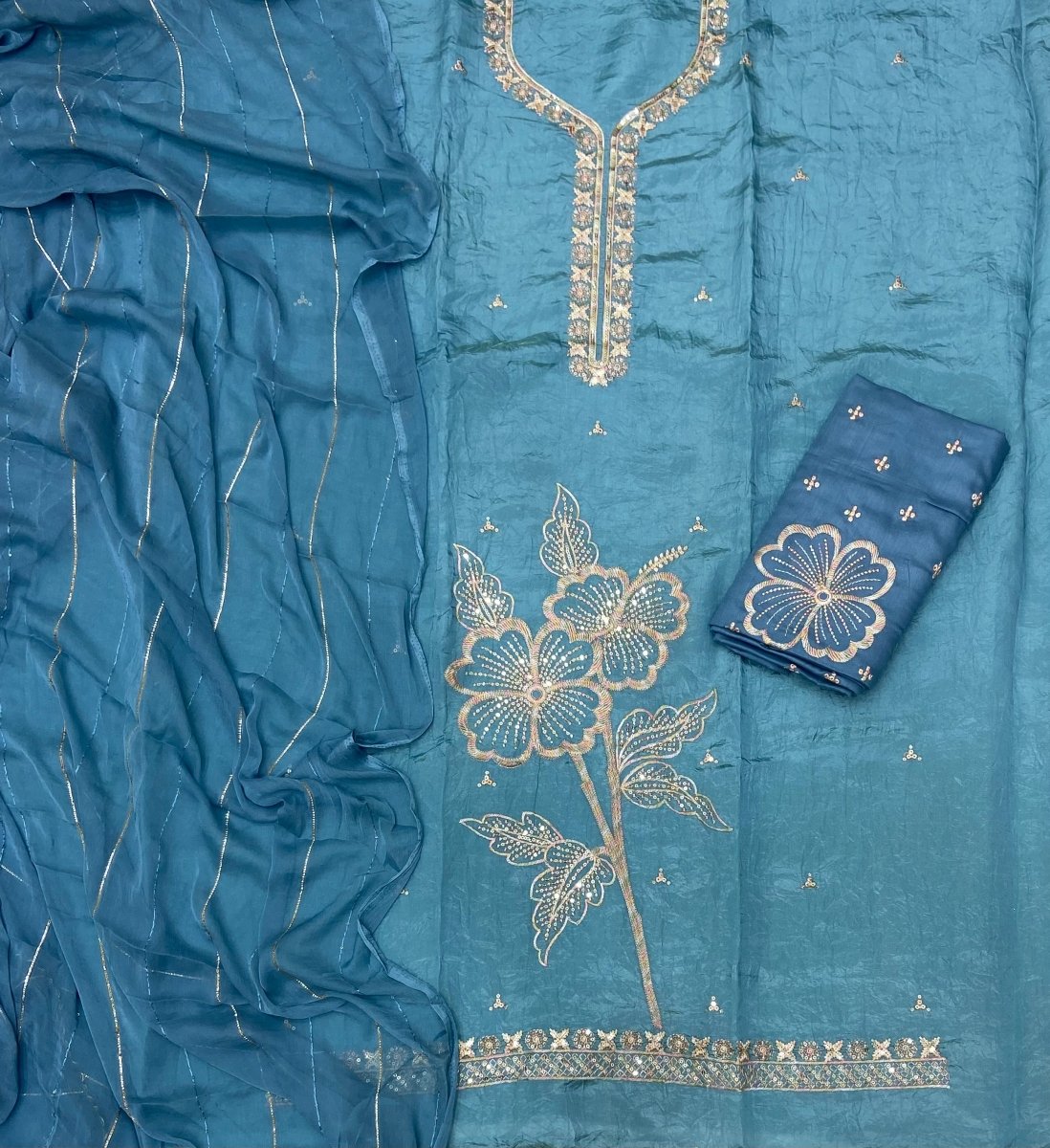 Radiant Gold Crush Suit Set with Bottom Work - Yanchi