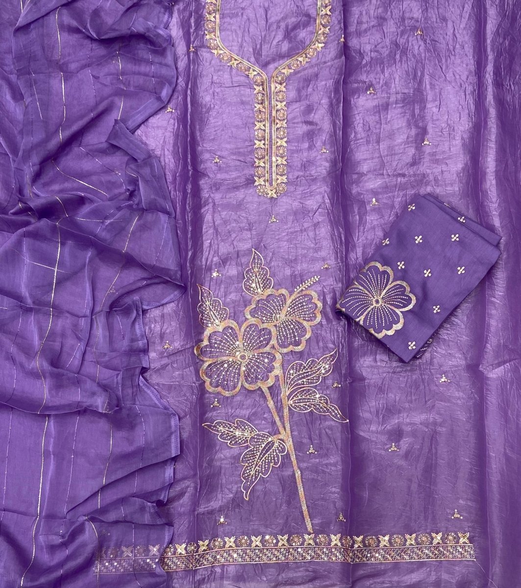 Radiant Gold Crush Suit Set with Bottom Work - Yanchi