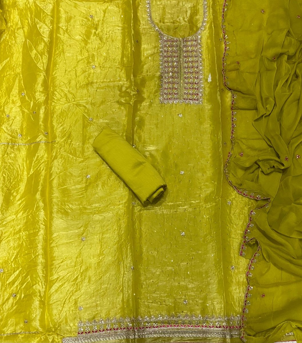 Radiant Gold Crush Suit Set with Zari Thread & Sequins Work - Yanchi