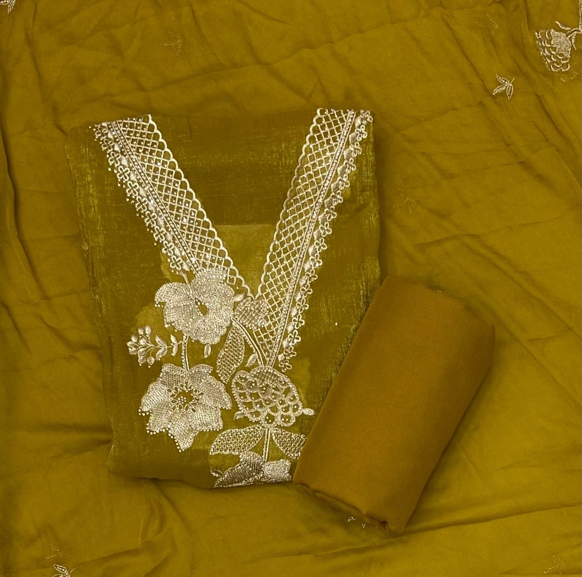 Radiant Gold Crush Suit Set with Zari Thread Work - Yanchi