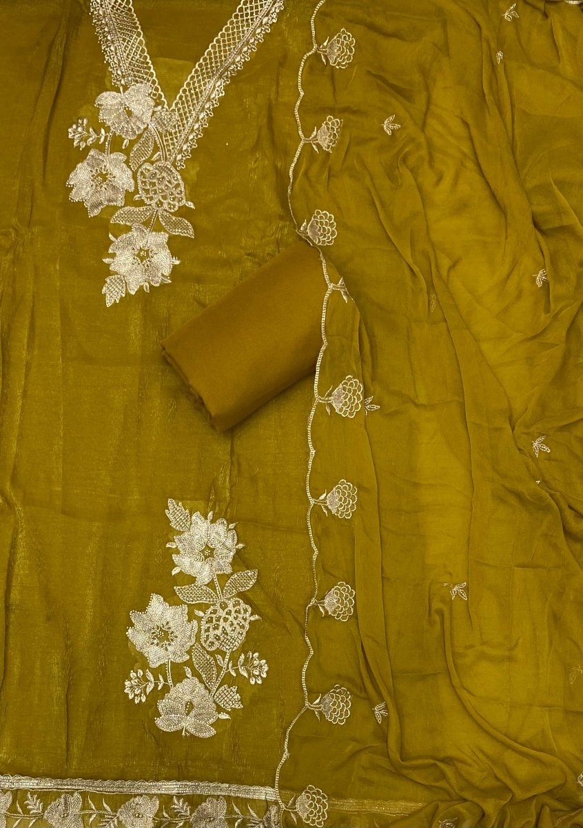 Radiant Gold Crush Suit Set with Zari Thread Work - Yanchi