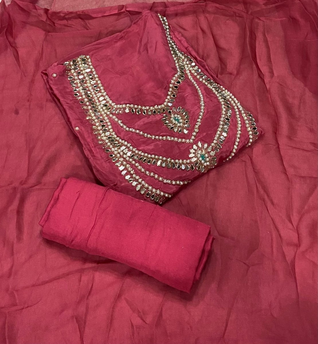 Ranihaar Glass Organza Suit Set with Heavy Pearl & Real Mirror Work(Sleeves Work) - Yanchi