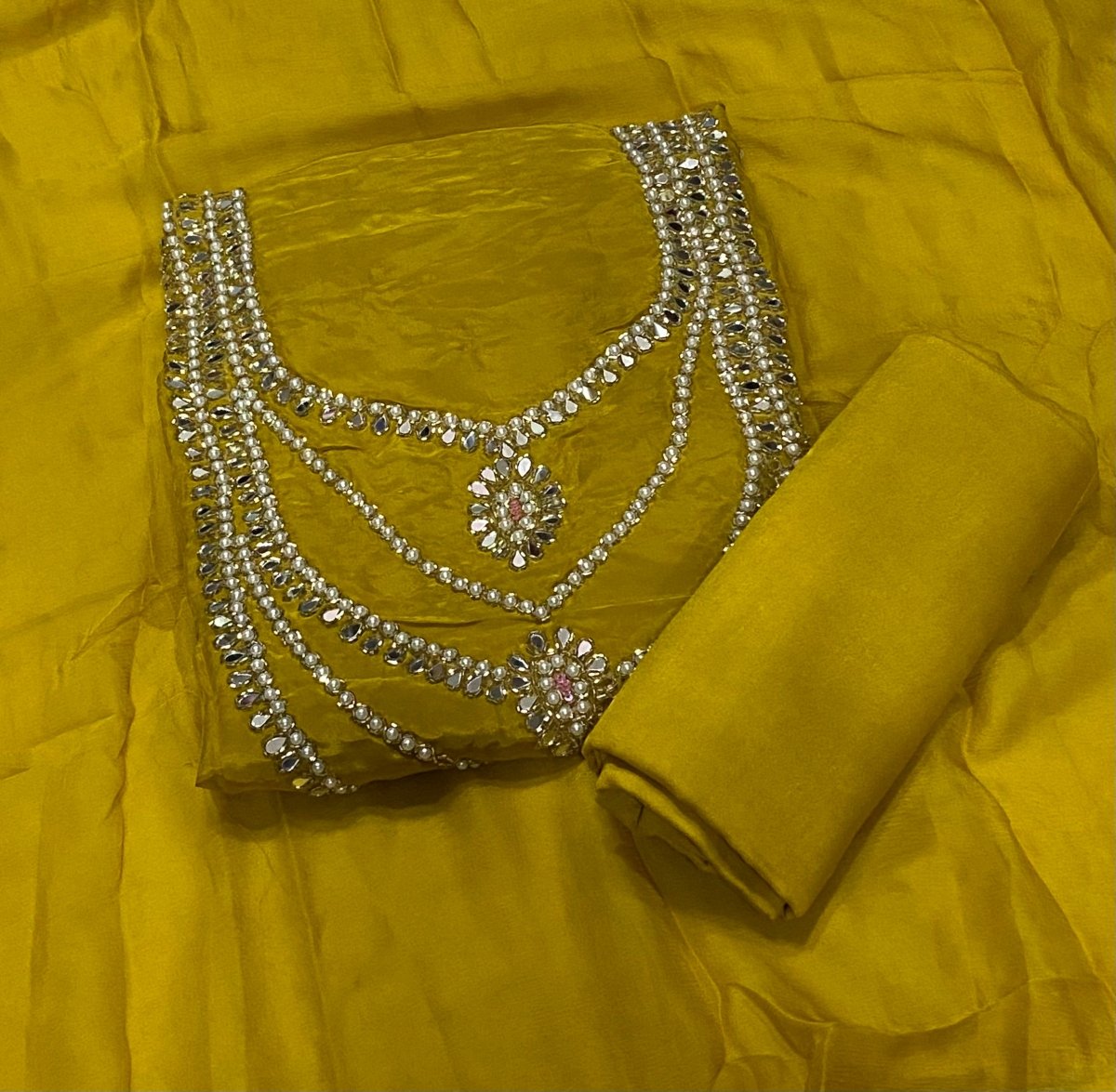 Ranihaar Glass Organza Suit Set with Heavy Pearl & Real Mirror Work(Sleeves Work) - Yanchi