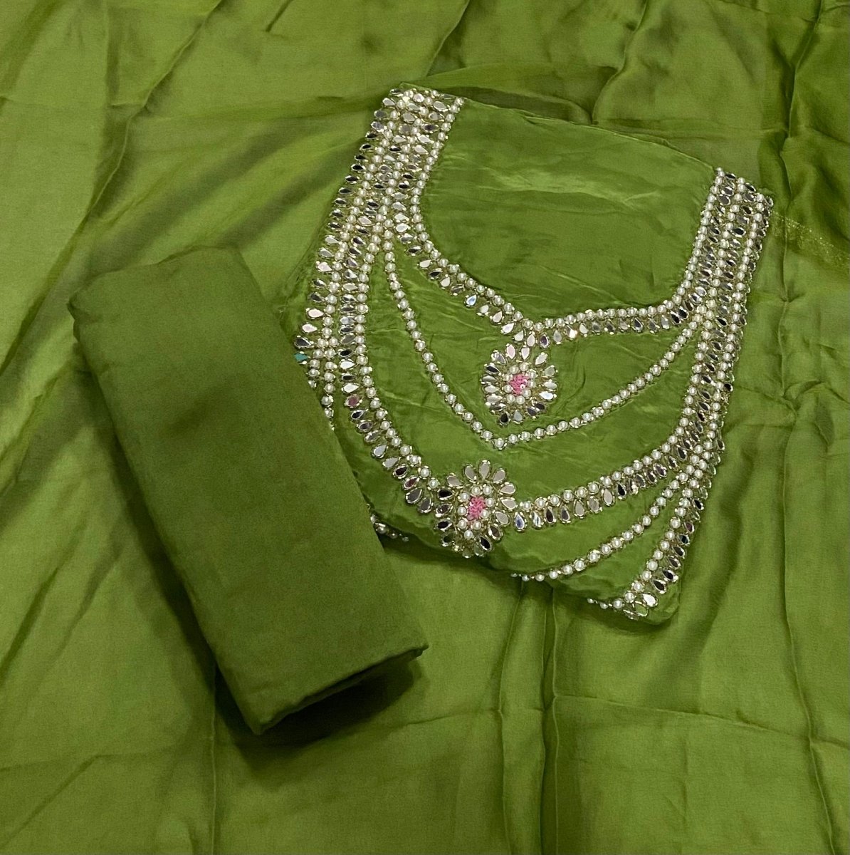 Ranihaar Glass Organza Suit Set with Heavy Pearl & Real Mirror Work(Sleeves Work) - Yanchi