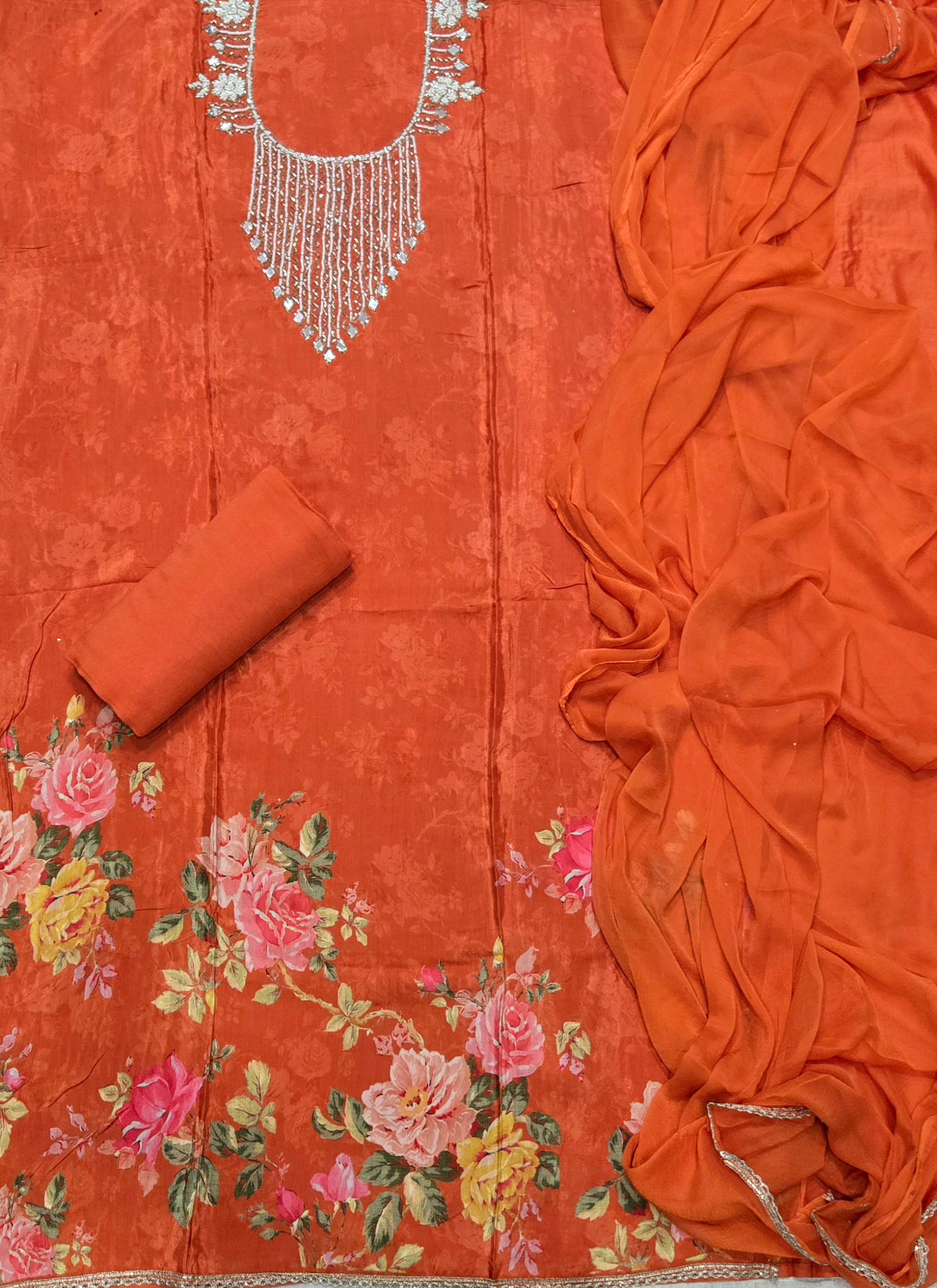 Fancy Muslin Suit Set with Real Mirror & Pearl Work