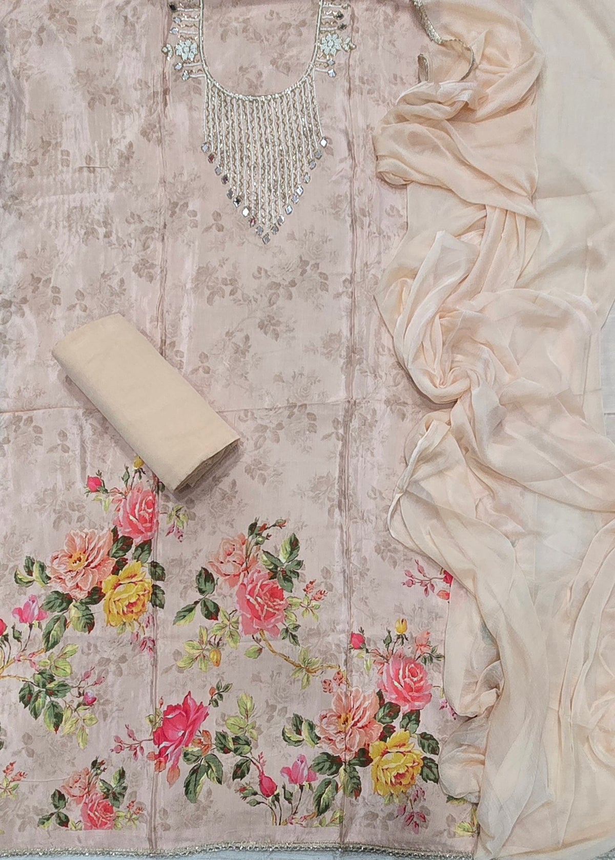 Fancy Muslin Suit Set with Real Mirror & Pearl Work