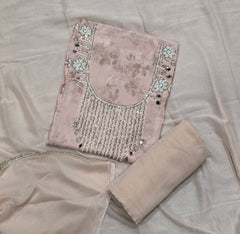 Fancy Muslin Suit Set with Real Mirror & Pearl Work