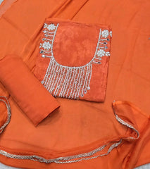 Fancy Muslin Suit Set with Real Mirror & Pearl Work