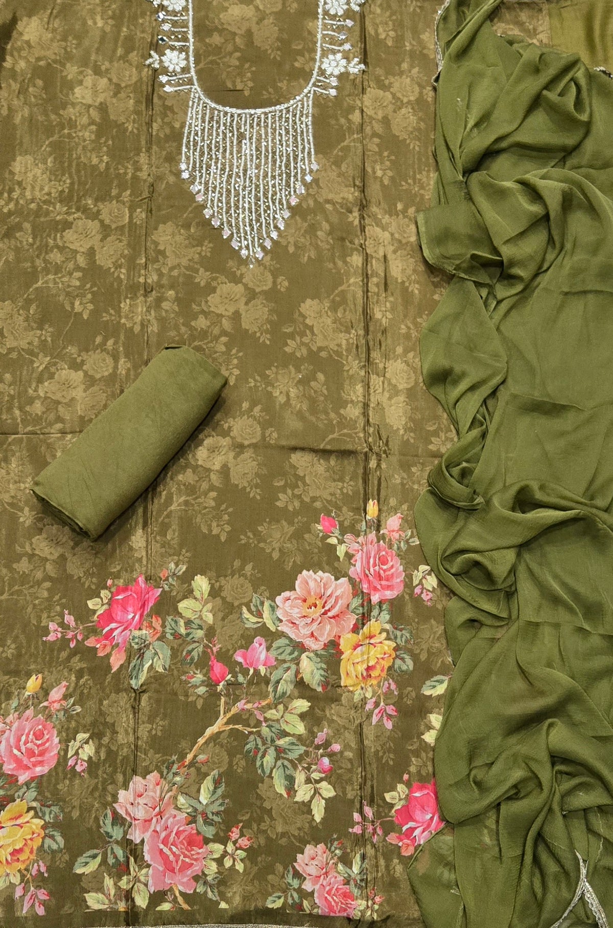 Fancy Muslin Suit Set with Real Mirror & Pearl Work