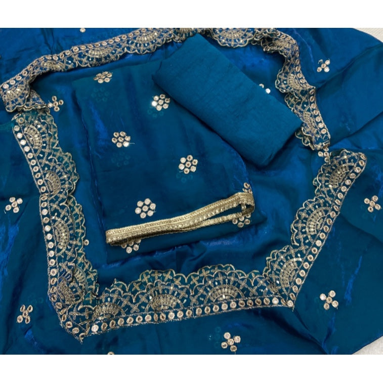 Pure Skylon Suit Set with Zari & sequence Work
