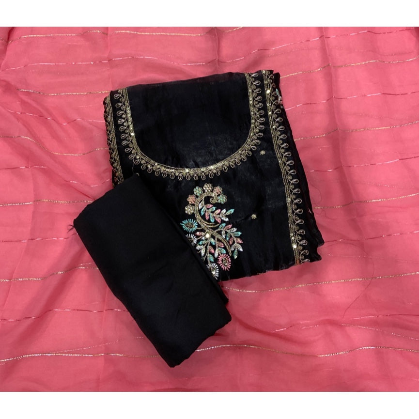 Classy Glass Organza Suit Set with Stone & Zari Thread Work