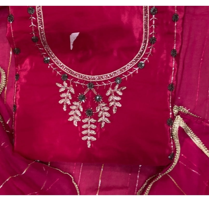 Classy Glass Organza Suit Set with Stone & Zari Thread Work